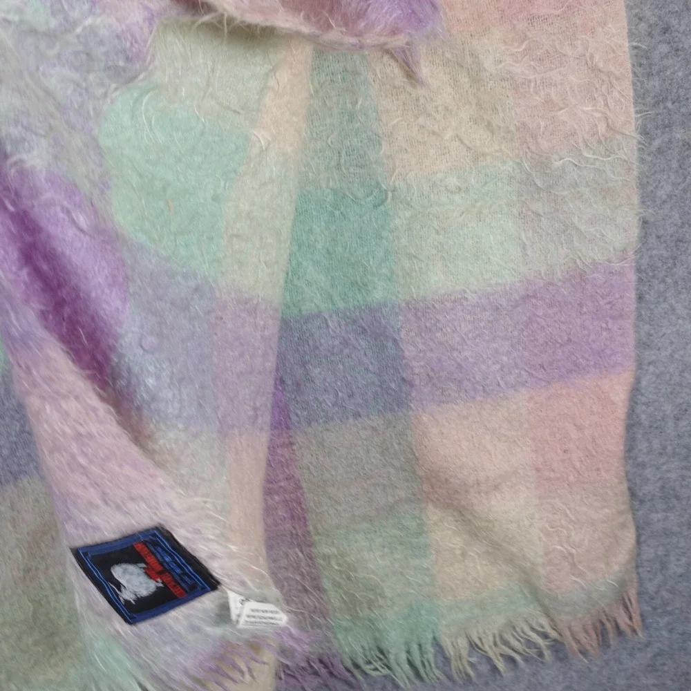 Mohair Throw Blanket Plaid Fuzzy Purple Green Woolmark Tag CHEVRE by ROBIN 68/44